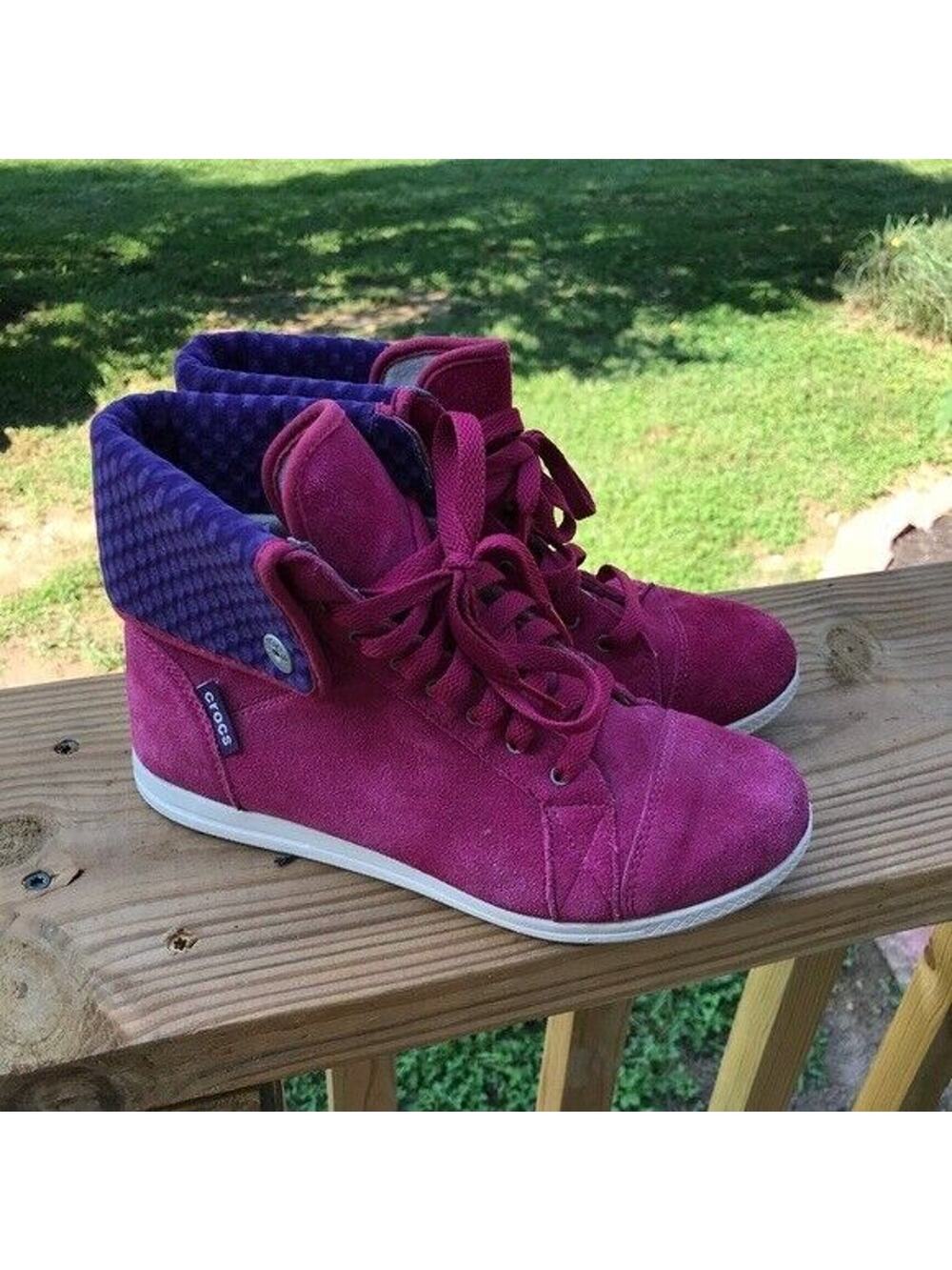 Crocs Pink Suede Fold Over High Top Sneakers Womens Size 6